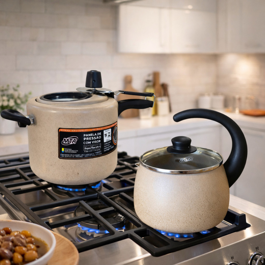 Panela De Pressão 4,5L Com Visor Mais Chaleira 2 Litros Antiaderente MTA
