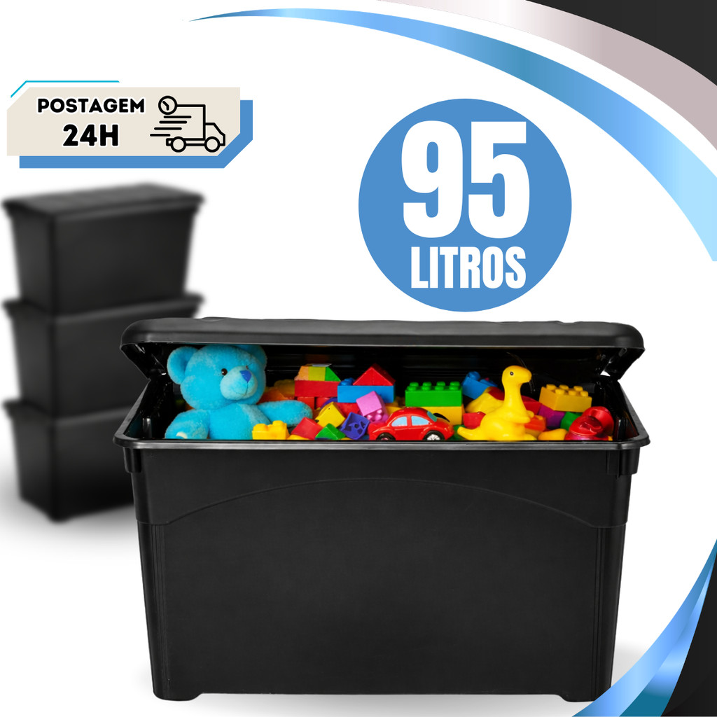 Kit 4 Unidades Caixa Organizadora 95 Litros Preta Com Rodinhas e Trava Para Transporte HeavyBox