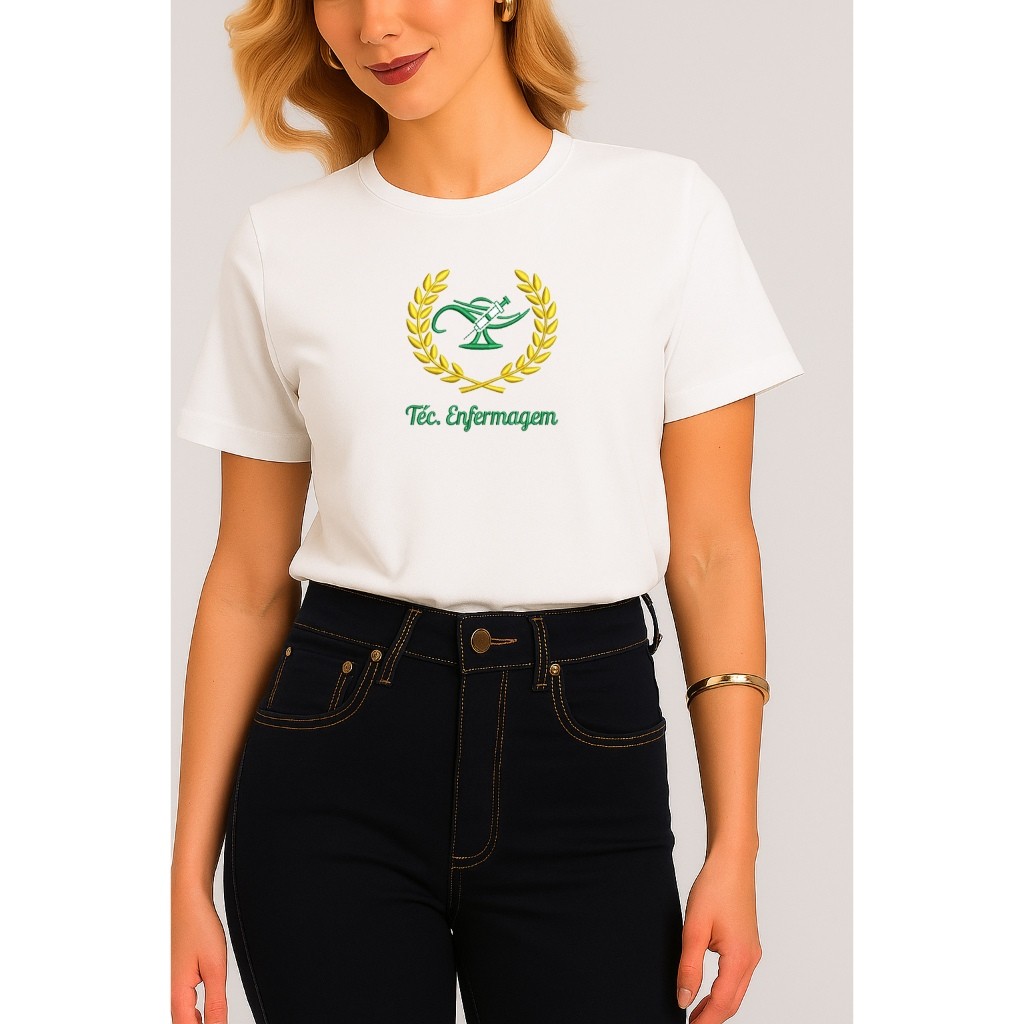 Blusa Feminina Babylook Estampada TECNICA ENFERMAGEM VERD DOURADO 100% Algodão Faculdade profissão