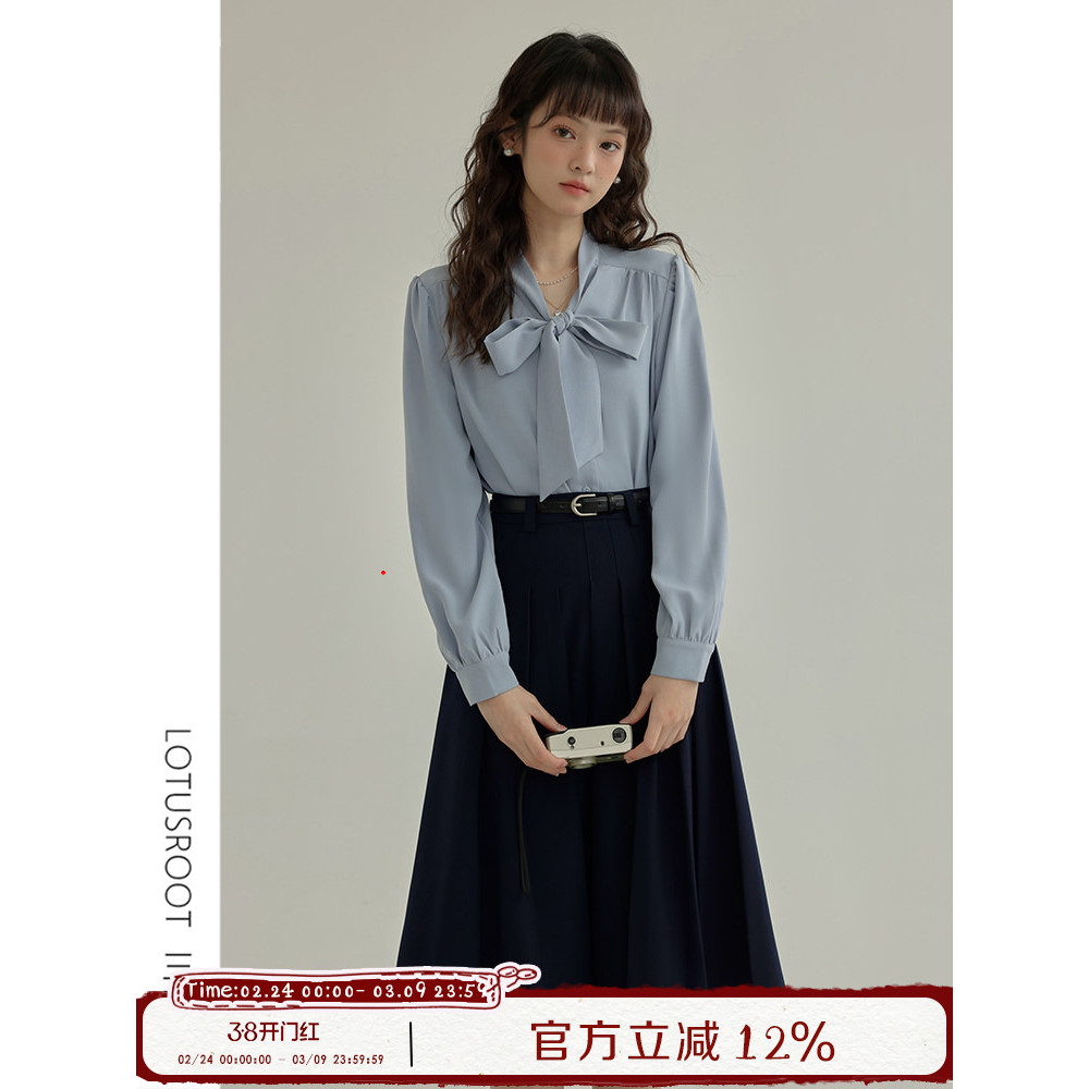 [10cm Lotus Lotus Lotus] Primavera 2026 Novo Estilo Azul Marinho Saia Plissada Feminina Cintura Alta Cintura Estreita Co