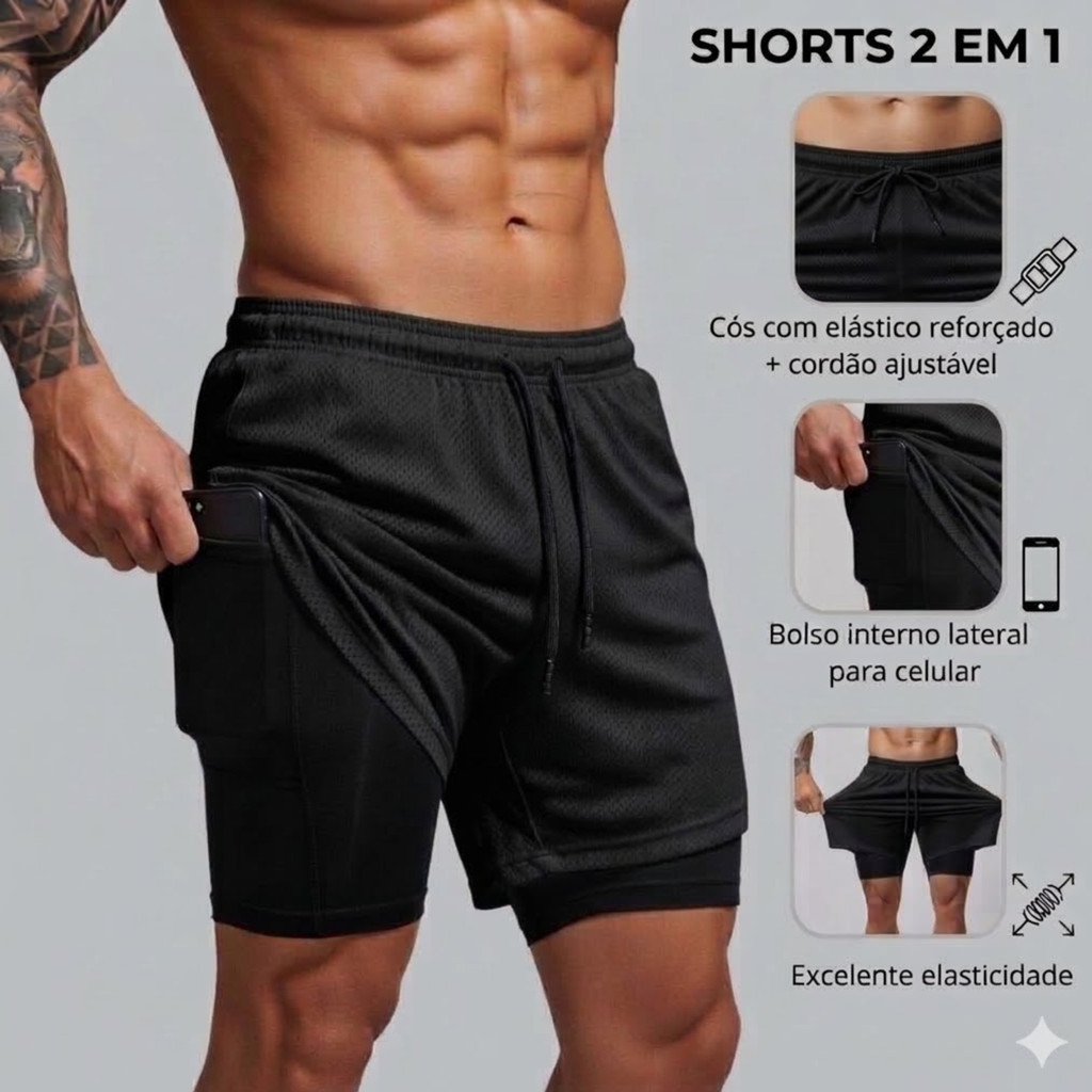 Shorts Bermuda Masculino 2 em 1 Dry Fit Academia Corrida Com Compressão e Bolso
