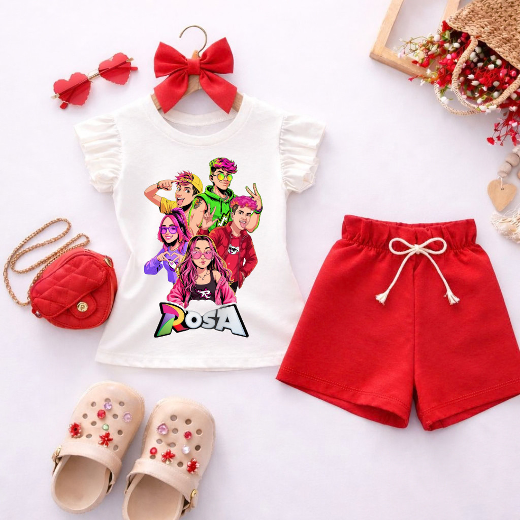 Conjunto Infantil Menina Blusa Branca Babado Estampa Rosa Grupo + Short Vermelho Roupa Infantil Fashion