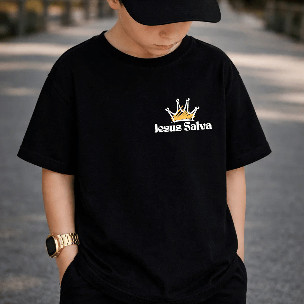 Camiseta Infantil e Juvenil Estampada Jesus Salva Coroa 100% Algodão Premium Criança Personalizada Unissex Blusa Camisa
