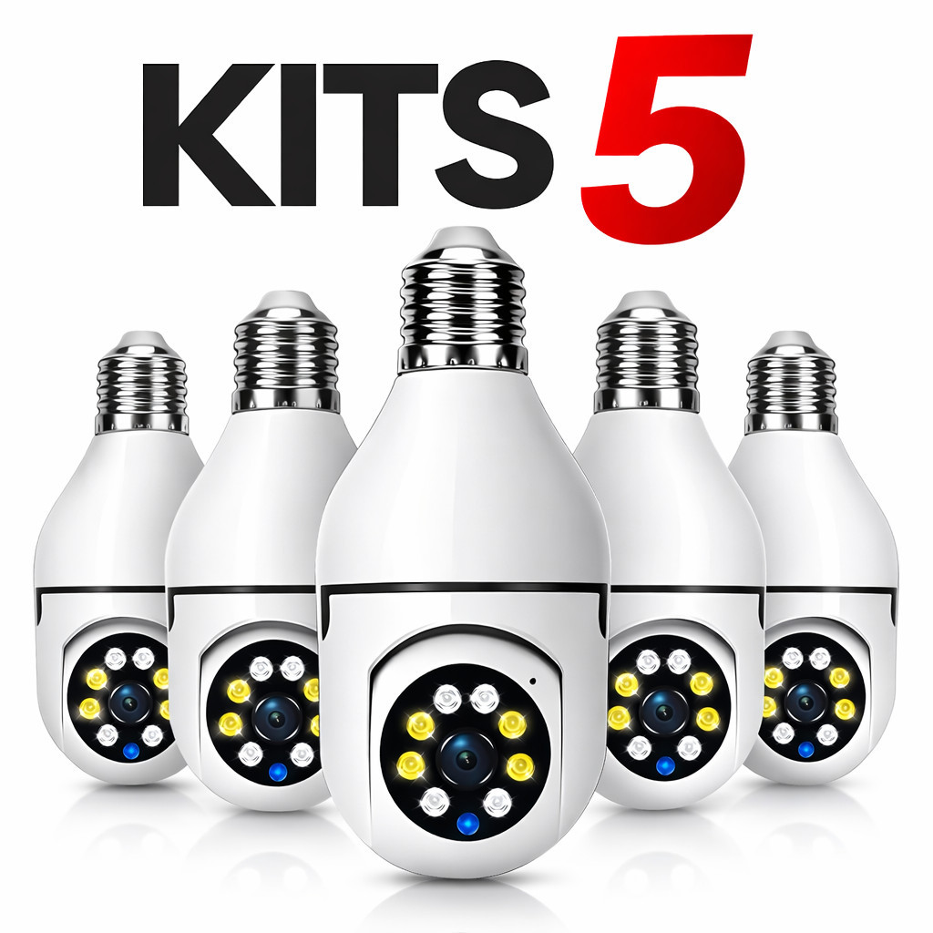 Kit 5 Câmera Lâmpada Segurança WiFi 360° IP HD Monitoramento Casa Visão Noturna