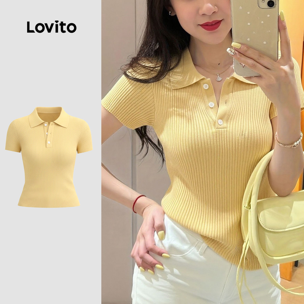 (Casual) Lovito Camiseta Jacquard com Botões Cor Amarelo Claro Primavera/verão para mulheres LK4ED801