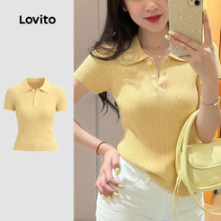 (Casual) Lovito Camiseta Jacquard com Botões Cor Amarelo Claro Primavera/verão para mulheres LK4ED801