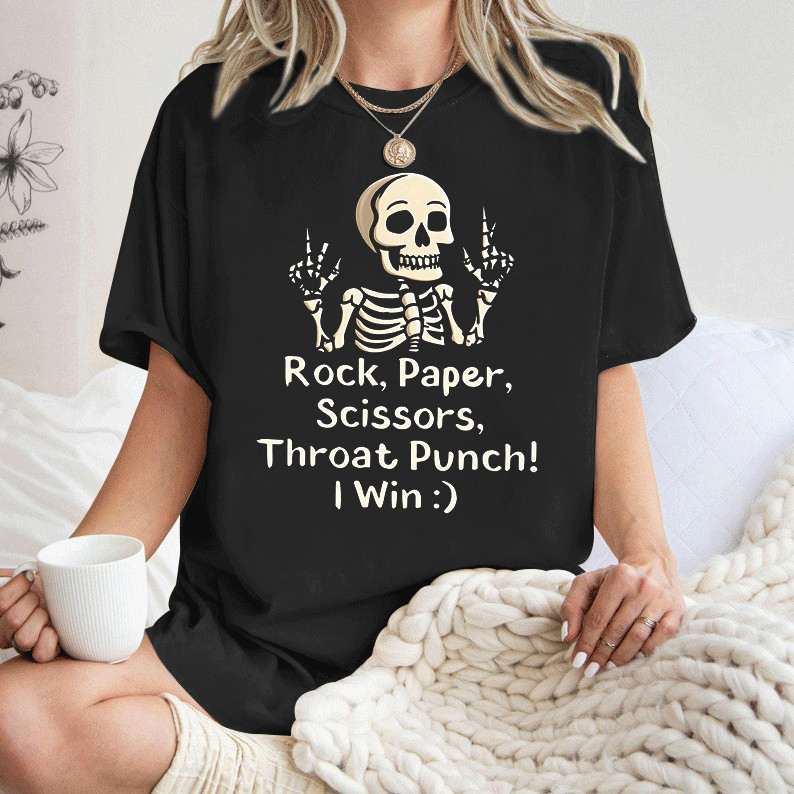 [Camiseta Premium Algodão Puro]LA Camiseta Feminina Curta Manga, Estampa Skull Rock, Papel, Tesoura, Cor Branca, Algodão