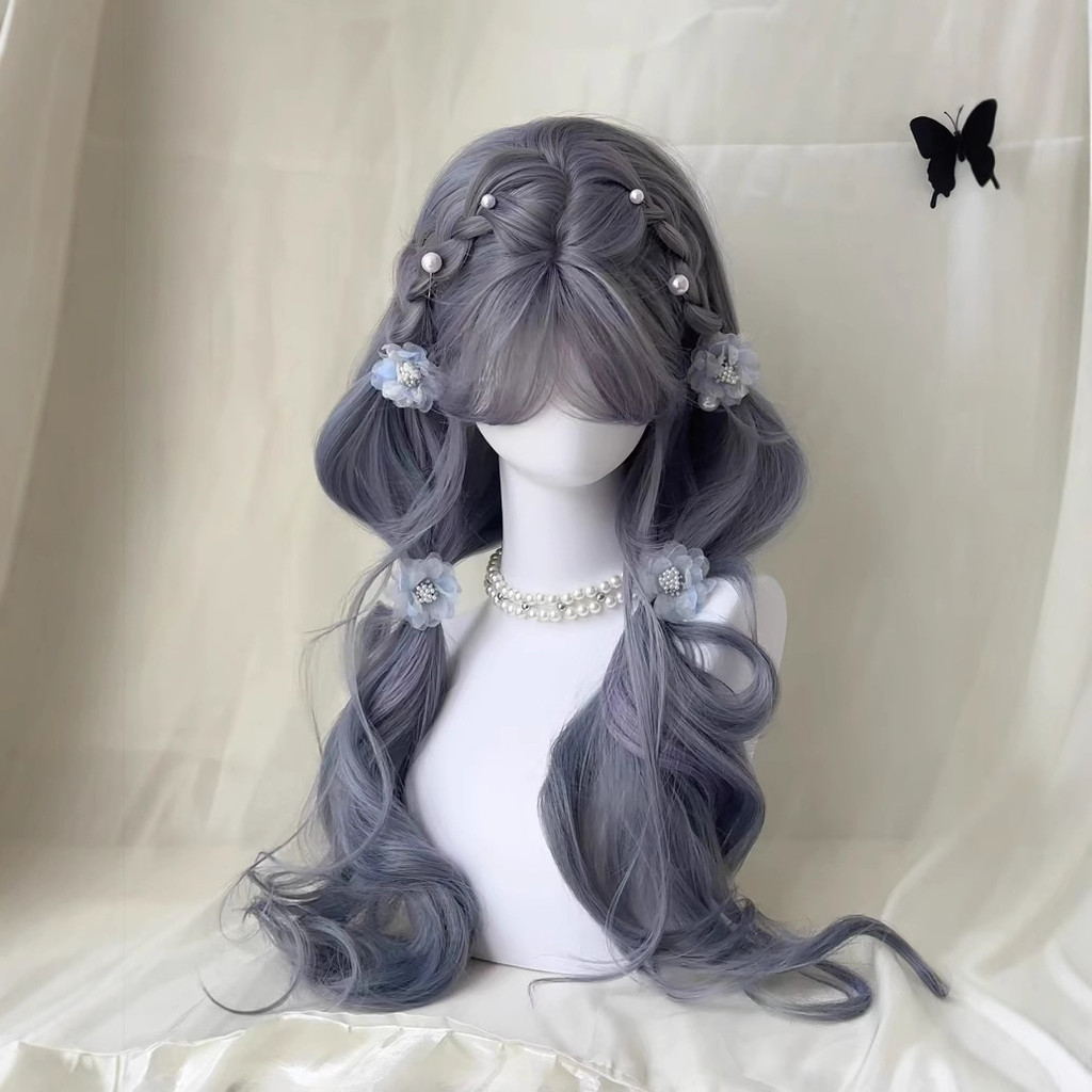 Peruca feminina Haze azul roxo cinza lolita franja de ar longo cabelo encaracolado cos destaque Natural arnês completo