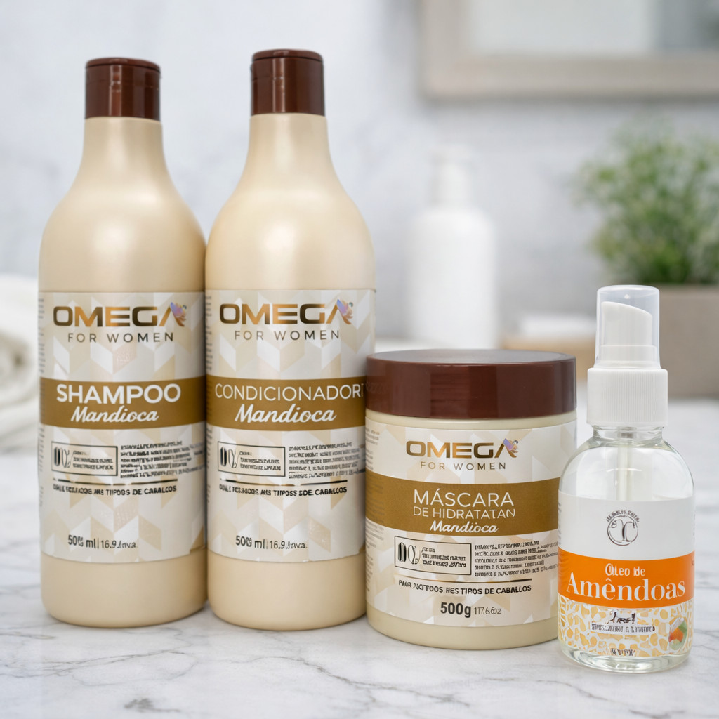 Kit Mandioca Shampoo 500ml + Condicionador + Máscara + Óleo de Amêndoas – Hidratação e Crescimento