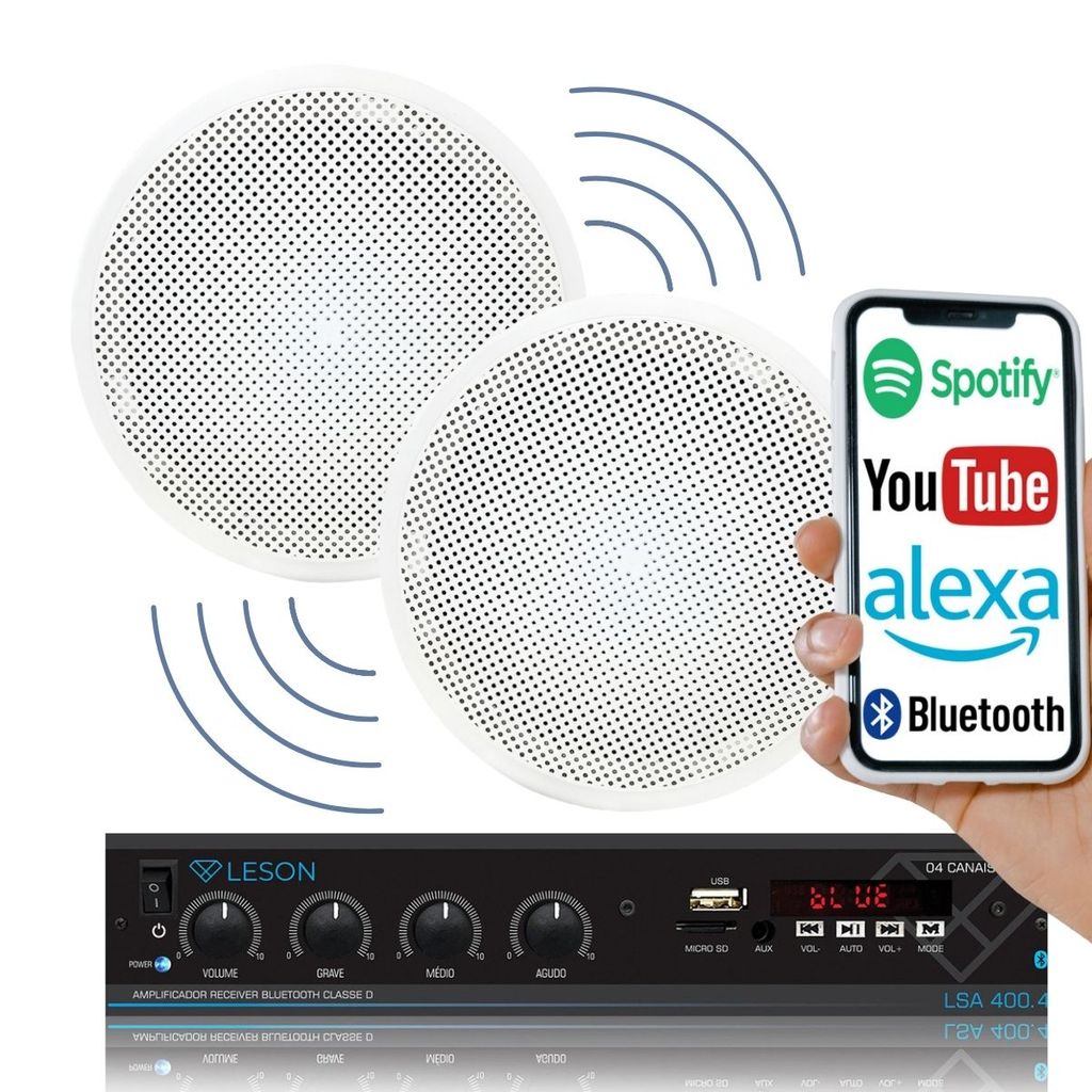 Kit Amplificador Receiver Som Ambiente Leson Bluetooth  LSA 400.4 + 2 Arandelas  Alto Falante Som Ambiente Acustica
