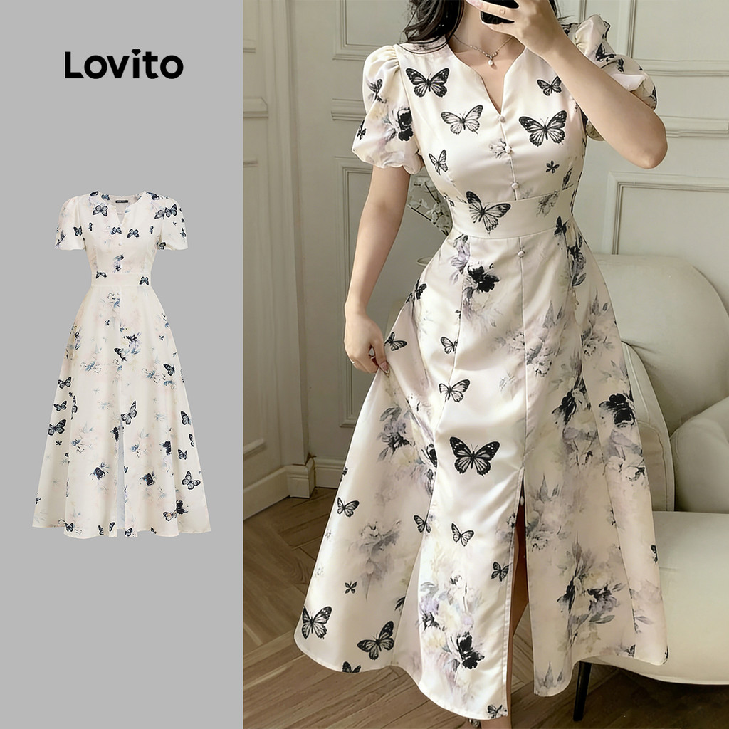 Lovito Elegante Vestido Feminino Formal Justo Estampado Confortável Primavera/verão Preto Branco L178ED1376