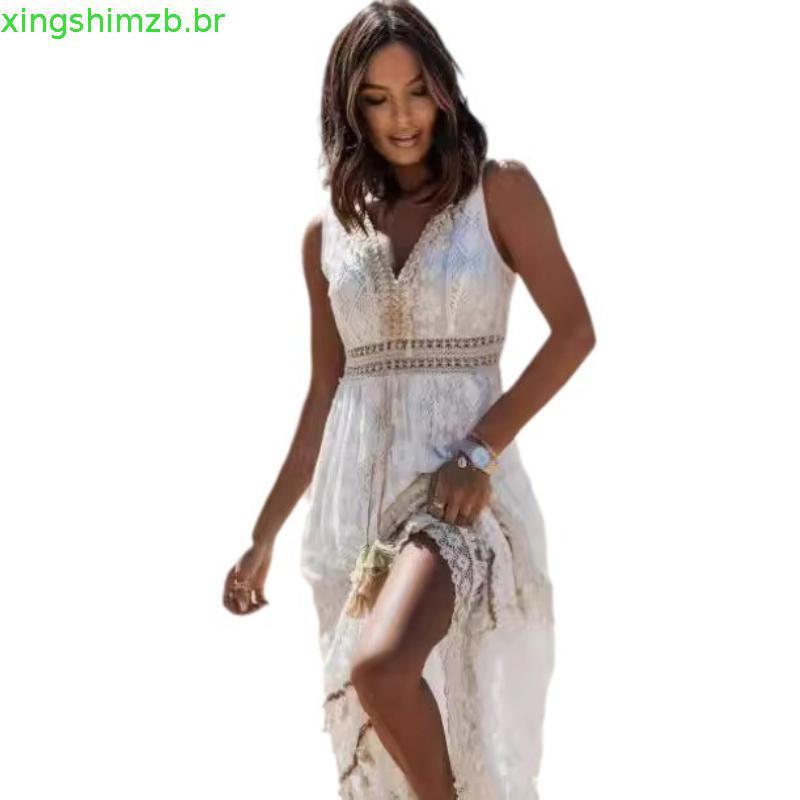 Vestido Feminino 2024 Verão Bohemiano Vestido Longo Transfronteiriço Vestido de Renda com Patches Flare Feminino