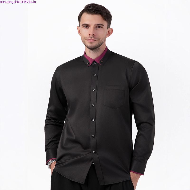 Camisa Social Masculina Elegante Com Botões , Manga Comprida Slim Fit Lapelas E Strass – Casamento Formal De Negócios f
