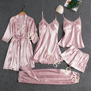 Conjunto de 5 peças camisola de seda senhoras pijamas conjunto de camisola de renda, com decote em V estilingue camisola