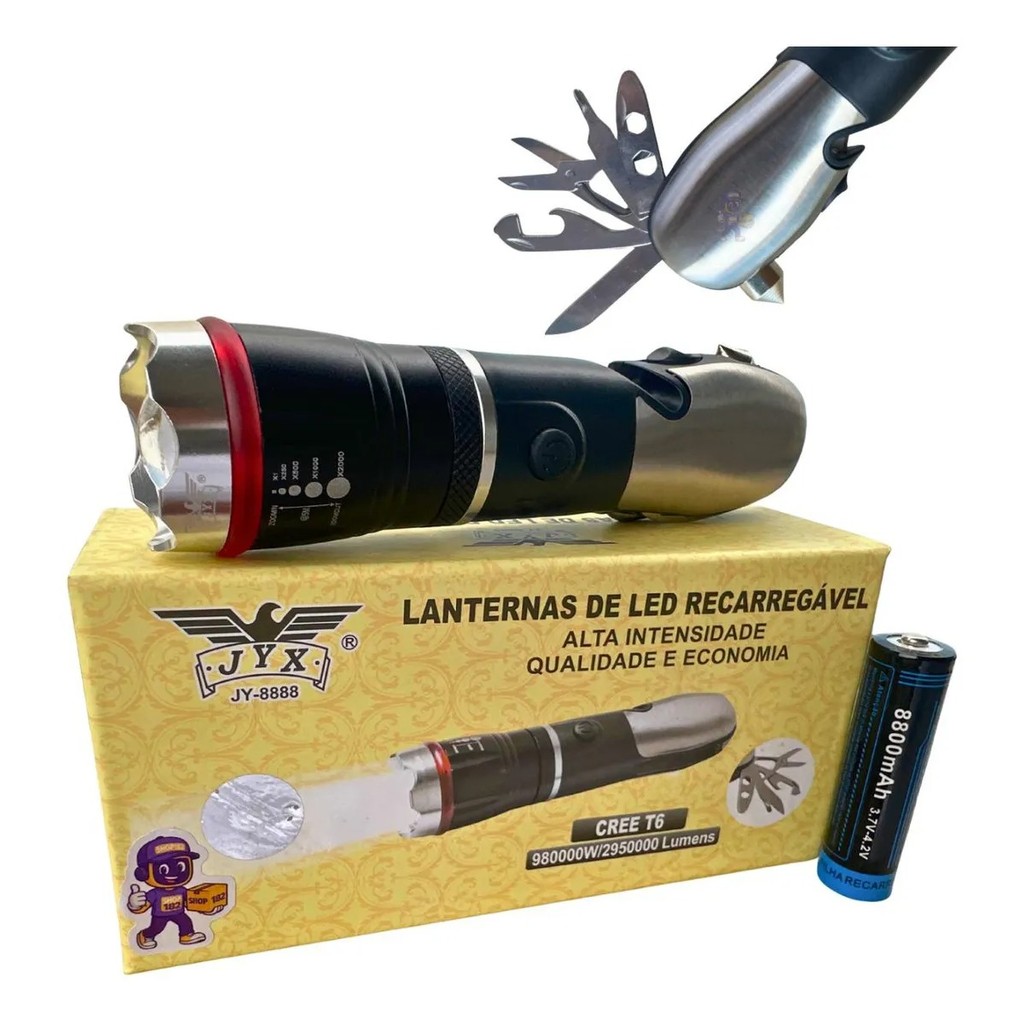 Lanterna Tática JYX 8888 Chave Multiuso LED T6 980000W 2950000LM Luz Branca Corpo Preto Alta Potência Recarregável