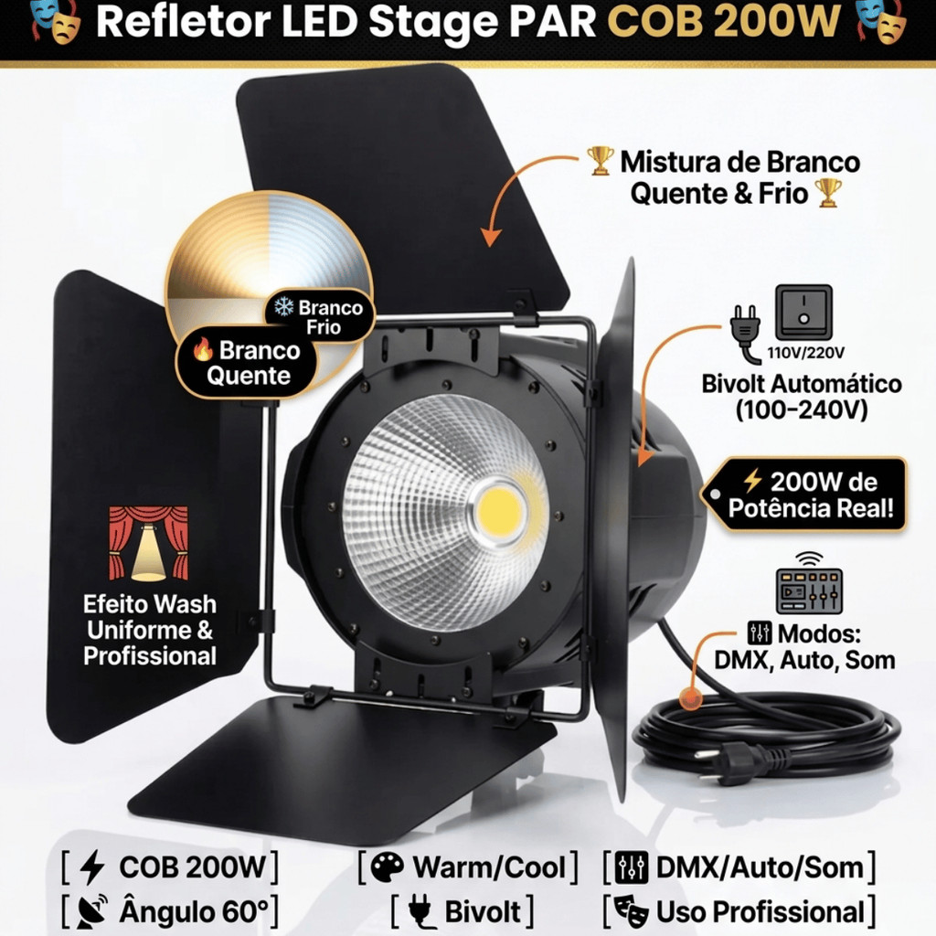 Holofote Canhão Par Led Cob 200w Branco Quente Frio Dmx Bivolt Barndoor Luz Contínua Estúdio Palco