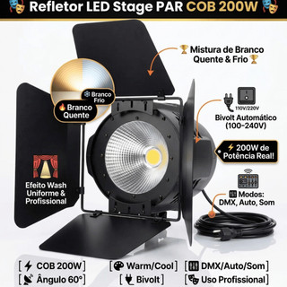 Holofote Canhão Par Led Cob 200w Branco Quente Frio Dmx Bivolt Barndoor Luz Contínua Estúdio Palco
