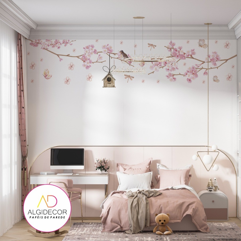 Adesivo de parede infantil sem fundo em recorte galho de flores passarinho - Algidecor