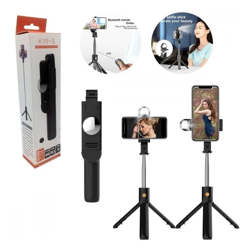 Bastão de Selfie Tripé K10-S – Bluetooth, Rotação 360º e LED