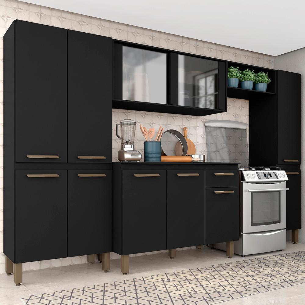 Armário De Cozinha Tieli 5 Peças Com Vidro Preto - Móveis Arapongas