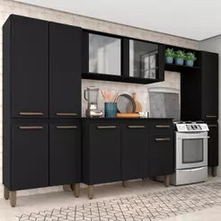 Armário De Cozinha Tieli 5 Peças Com Vidro Preto - Móveis Arapongas