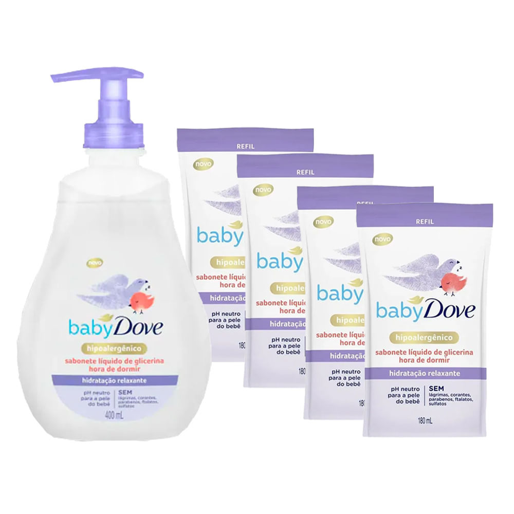 Kit Sabonete Líquido Baby Dove Hora De Dormir 400ml + 4 Refil de 180ml cada em Oferta na Shopee