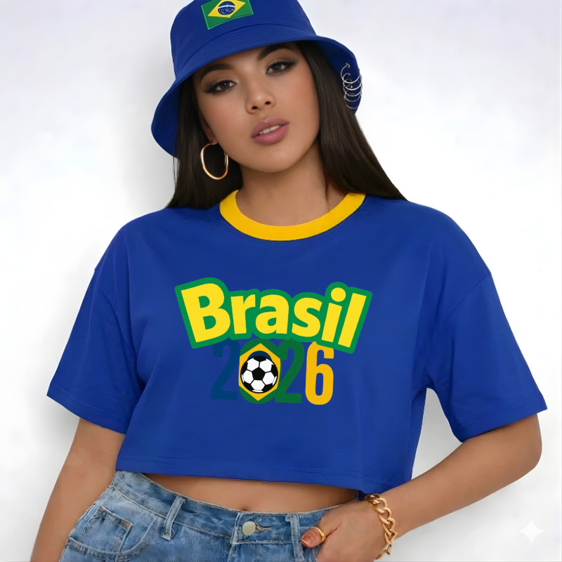 Cropped Feminino Brasil 2026 Camiseta Azul Estampa Copa Torcida Estilo Oversized Moda Brasil Premium