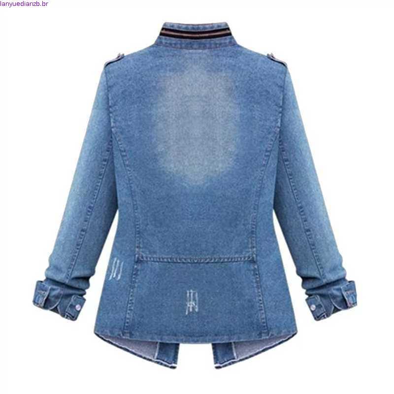 5XL Plus Size Feminino Manga Longa Jaqueta Jeans Primavera E Outono Casual Sólido Fino Bolso Casaco