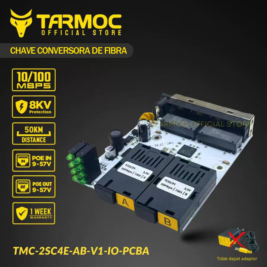 Tarmoc TMC-2SC4E-AB-V1-IO-PCBA Conversor de Mídia Fibra Óptica Switch 2SC4 LAN / 2FO4 LAN 10/100 POE OUT 9-57 Volts
