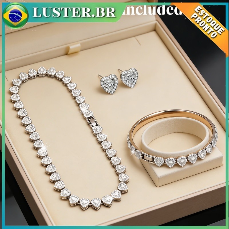 Conjunto Jóias Corrente Cubana de Coração em Aço Inoxidável - Colar + Pulseira + Brincos Anti-alérgico
