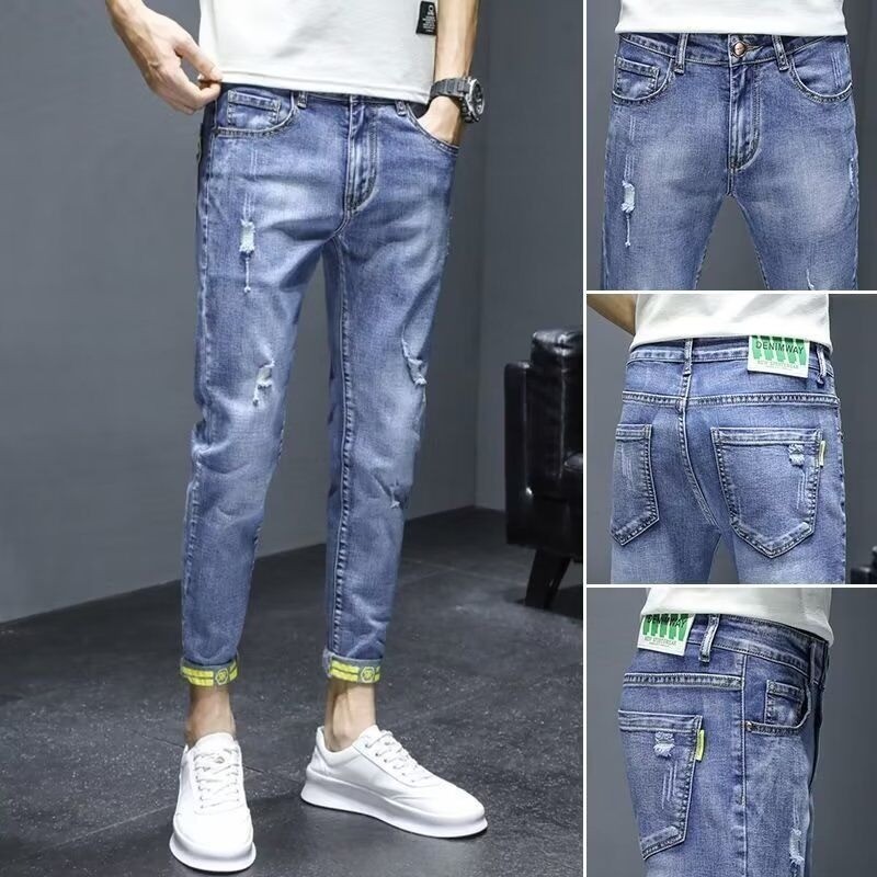 Calças de brim masculinas verão gelo seda estilo fino rasgado 2025 novo estilo Street Wear fino-ajuste em linha reta pés