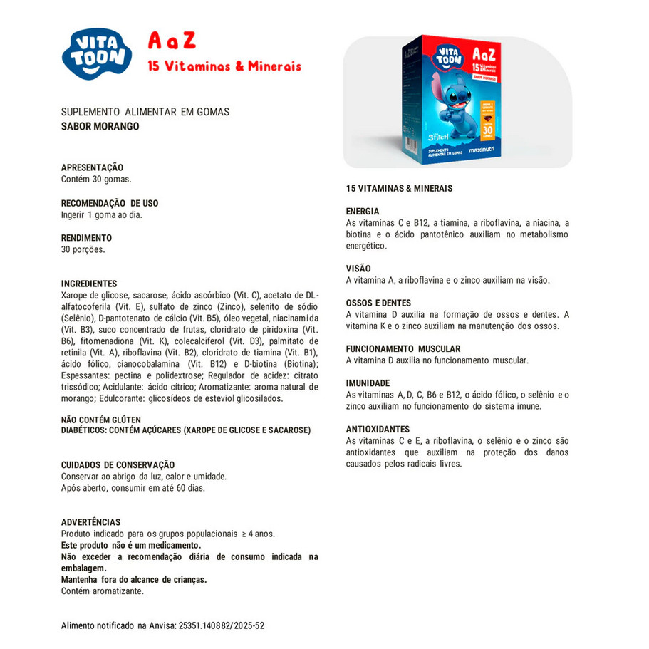 Vitatoon Stitch Polivitaminico AaZ - Sabor Morango 30 gomas Maxinutri