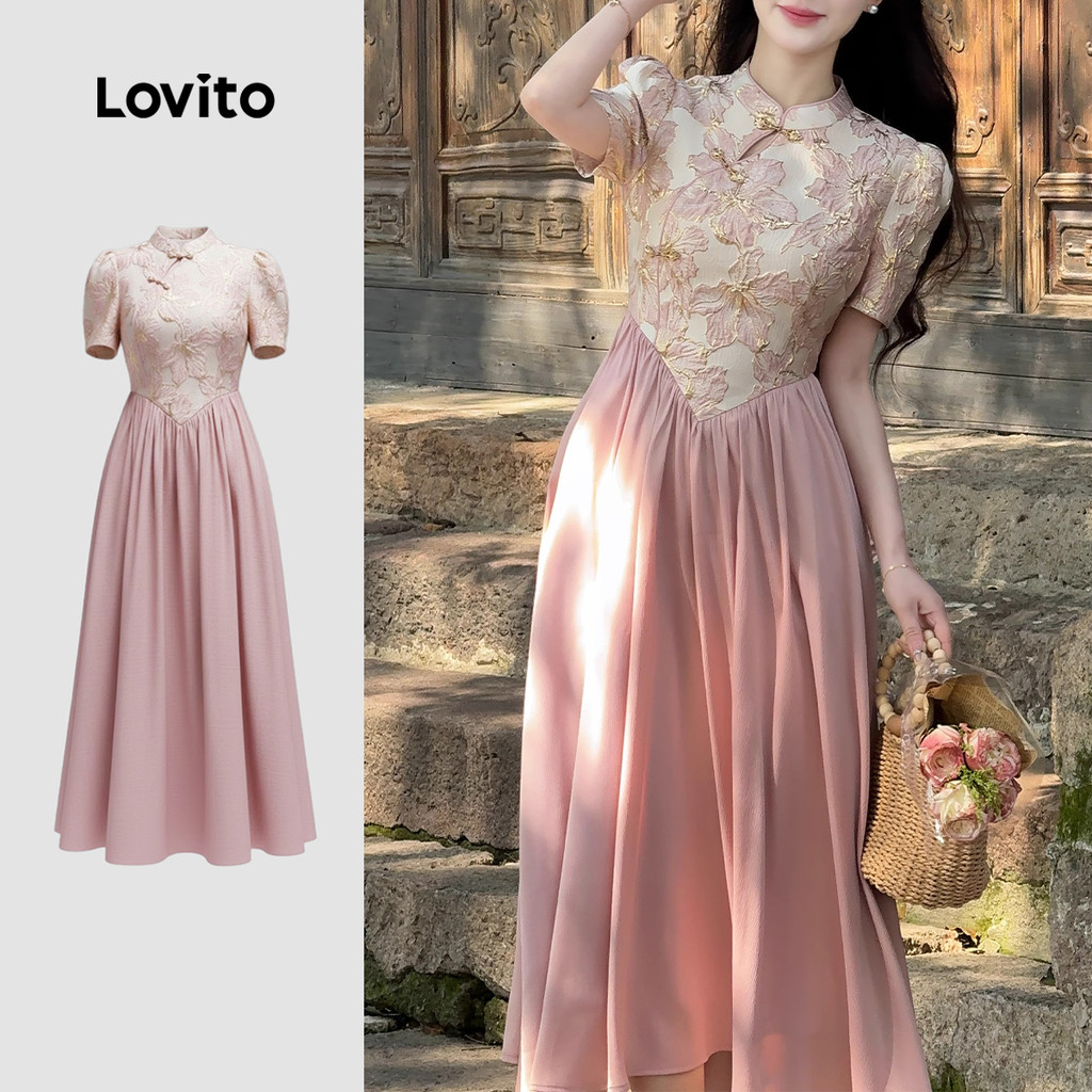 Lovito Vestido Elegante Novo Estilo Chinês Costura em Tecido Primavera/verão Vestido Rosa para mulheres LK2ED443 em Oferta na Shopee