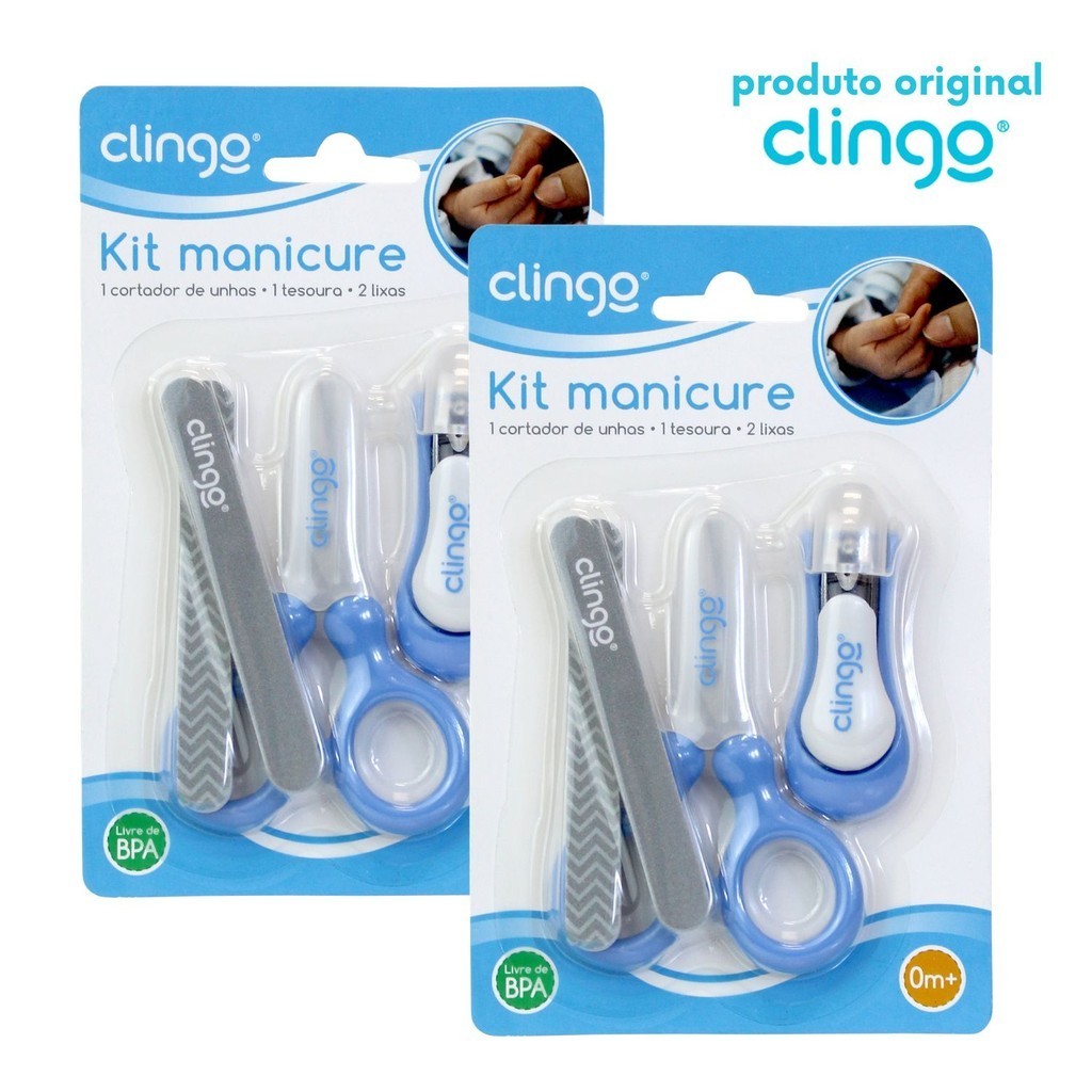 2 Kits Higiene Manicure Infantil Clingo Azul – Cortador, Tesoura e Lixa
