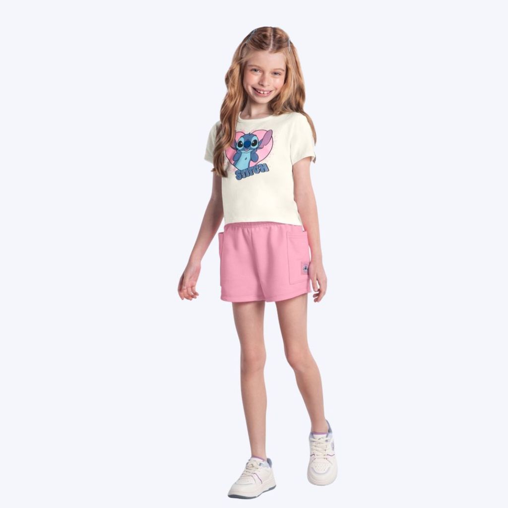 Conjunto Blusa Manga Curta Stitch E Shorts Moletinho Infantil Menina Brandili 26927 Natural