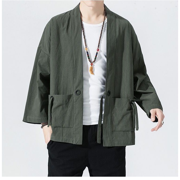 2026 Moda 2026 Jaqueta de Linho Estilo Chinês Hanfu Traje Masculino Kimono Solto Algodão Linho Estilo Retro Tang Terno T