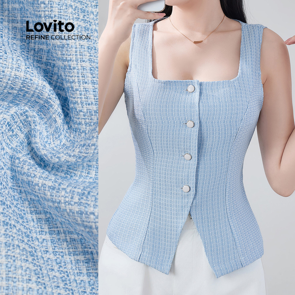 (Lovito Refine)  Top Elegante com Fenda Na Frente e Botões Jacquard para Primavera/verão Azul para mulheres LR29E056 em Oferta na Shopee