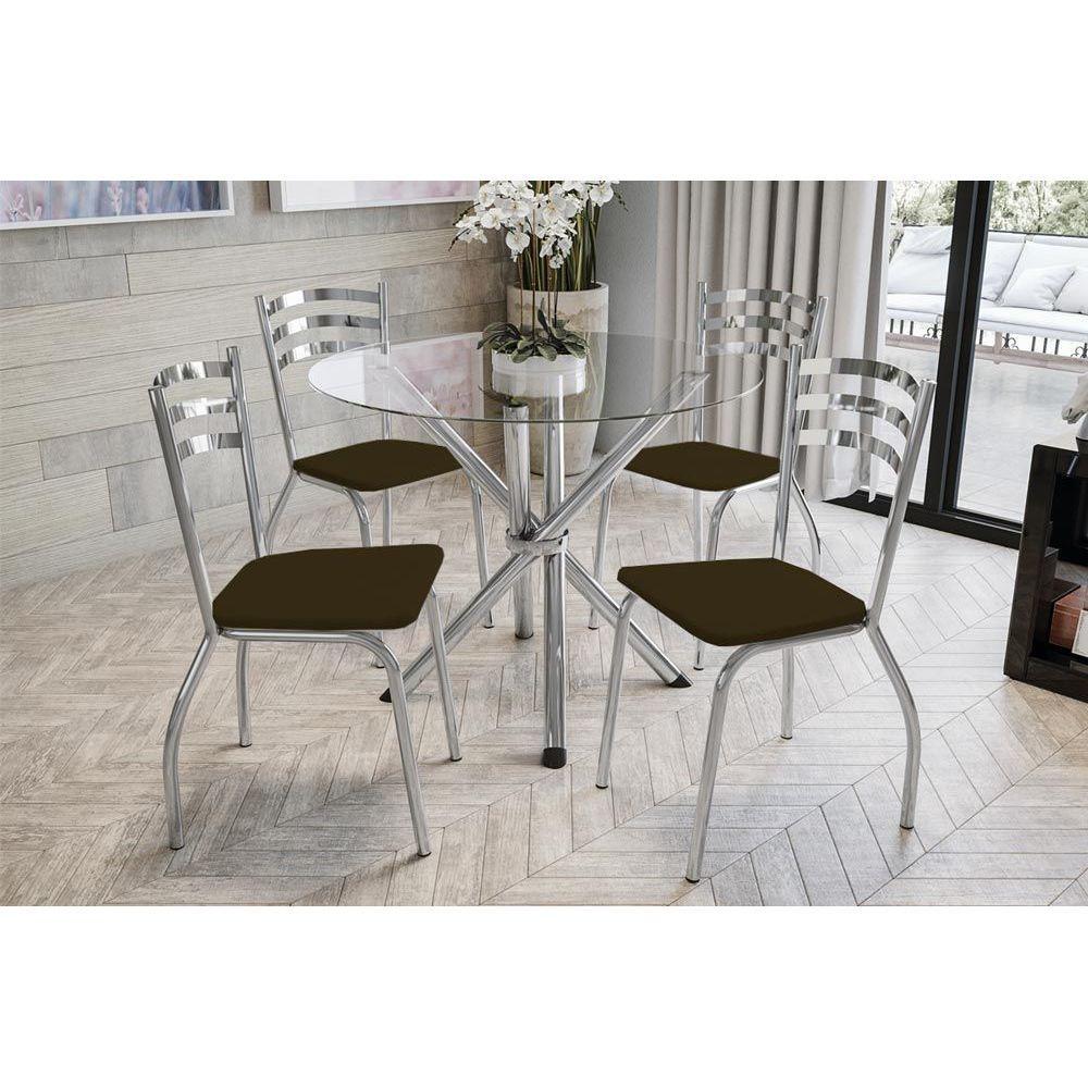 Sala de Jantar Completa Volga c/ Tampo de Vidro 95cm e 4 Cadeiras Portugal Cromado/Marrom 21 - Kappesberg em Oferta na Shopee