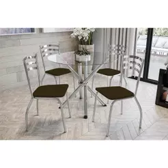 Sala de Jantar Completa Volga c/ Tampo de Vidro 95cm e 4 Cadeiras Portugal Cromado/Marrom 21 - Kappesberg