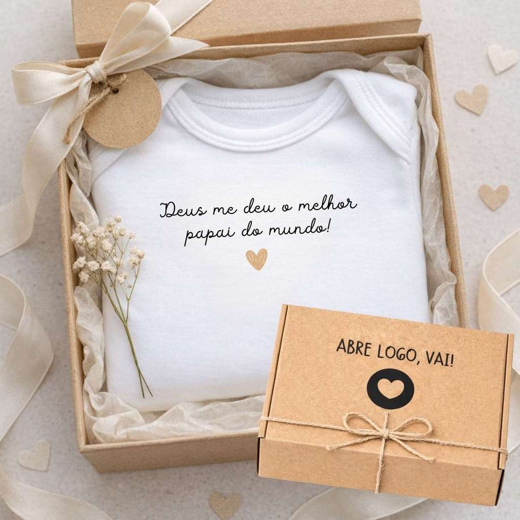 Kit Body Algodão Revelação Gravidez + Caixa Presente - Bc022 - Melhor papai do Mundo