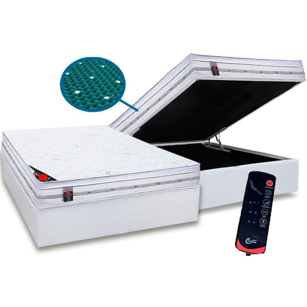 Cama Box Baú Casal: Colchão Magnético Castor Molas Pocket c/ Vibro Massagem Gold Star + Base CRC Courano White(138x188)