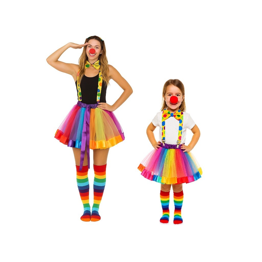 Kit Fantasia Palhaço Colorido Feminino Festa Circo Carnaval Peruca Saia Suspensório Nariz Meia 7/8 Colorida 1~5pçs