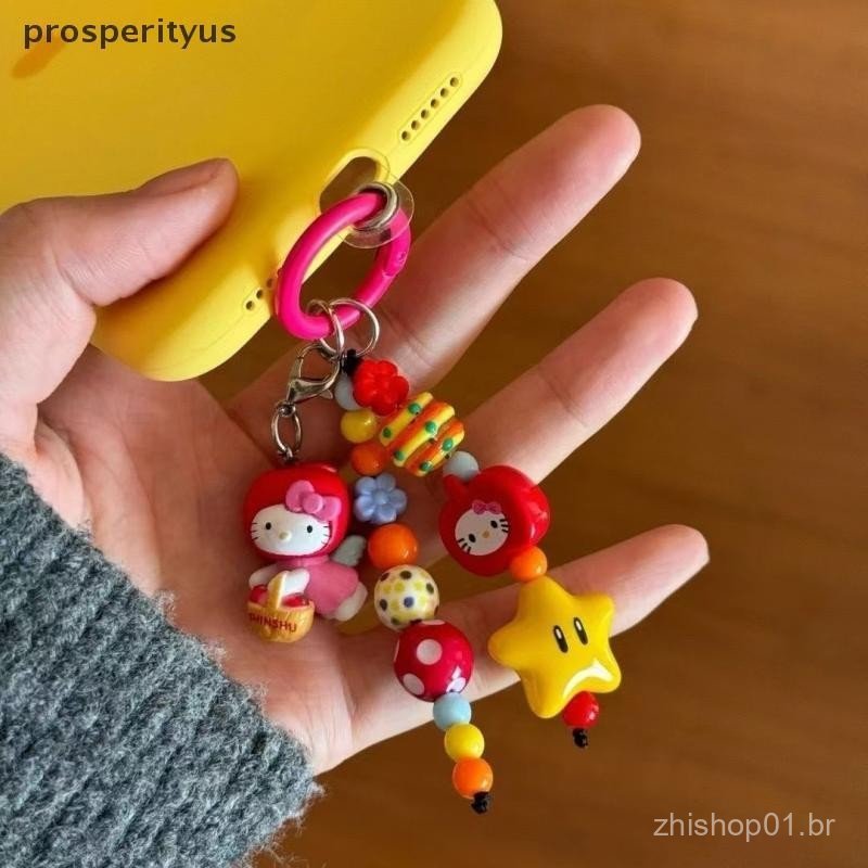[prosperityus] Bonito Denim Cogumelo Gatinho Bolsa Feminina Pingente Doce Desenho Animado KT Frisado Corrente Para Celul