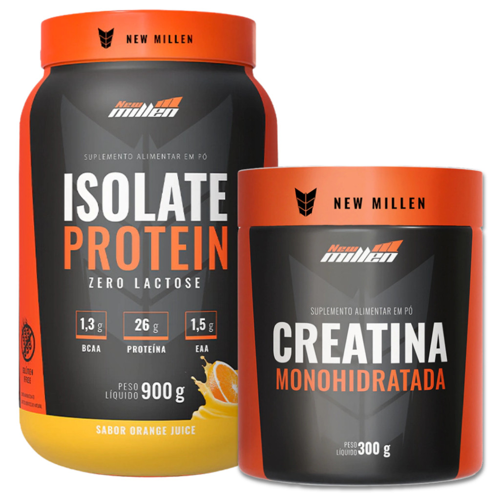 Kit Whey Isolado New Millen Isolate Protein 900g + Creatina 100% Pura 300g New Millen em Oferta na Shopee