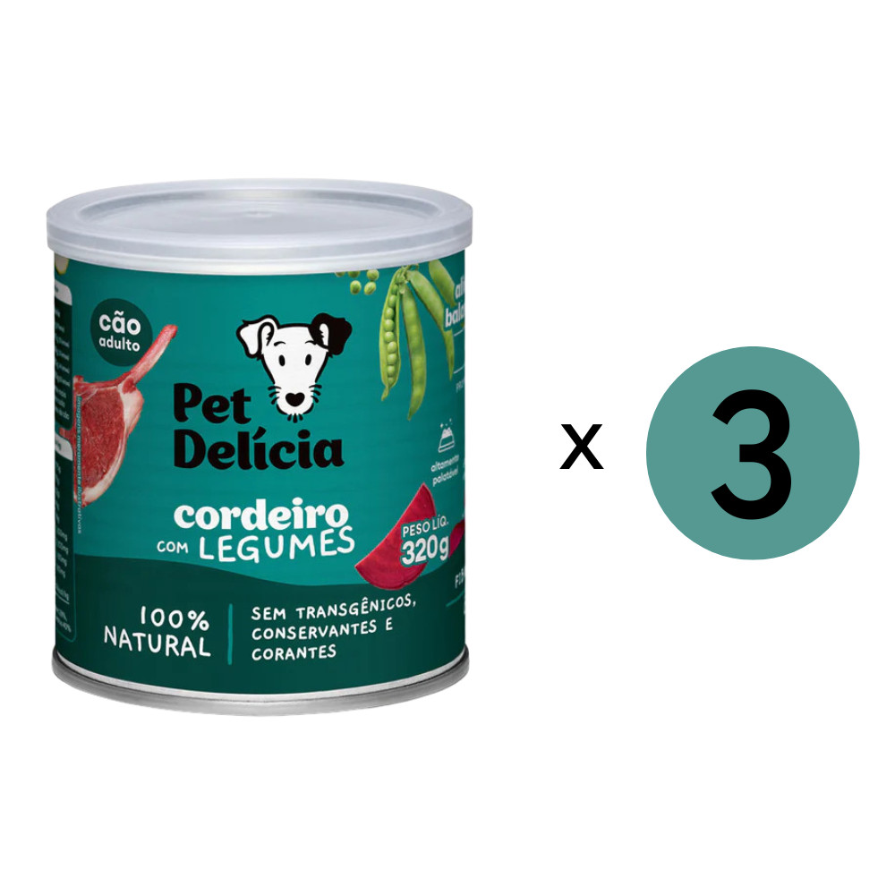 Kit 3 Ração Úmida Pet Delícia Cães Cordeiro C/Legumes - 320G em Oferta na Shopee