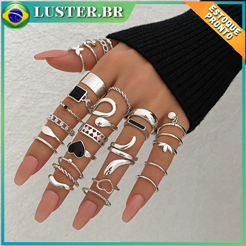 Conjunto de 27 anéis de aço para mulheres com designs vazados, de cobra, de borboleta e de coração