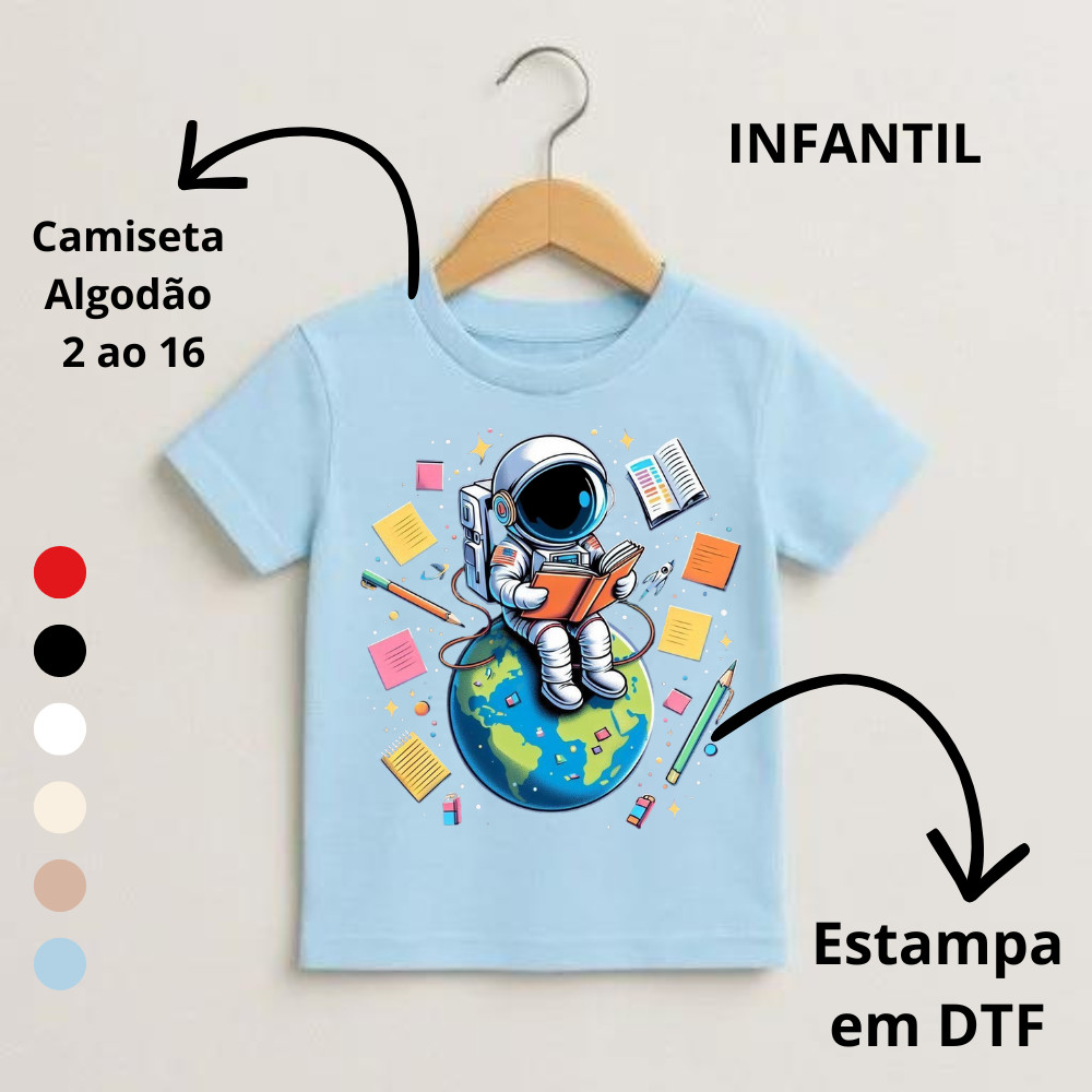 Camiseta Infantil Estampada Astronauta Estudioso Livros Lua Criança Algodão 2 ao 16