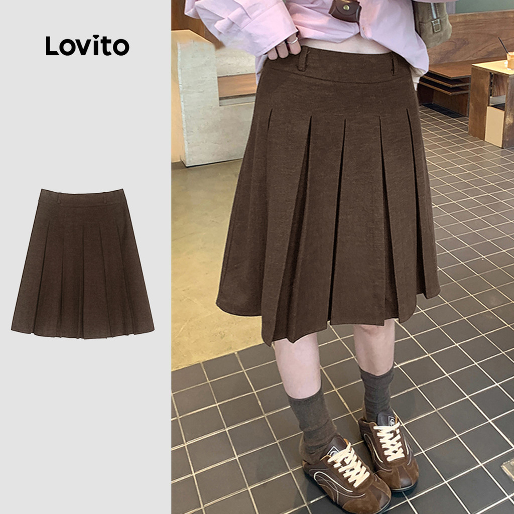 Lovito Saia Casual Plissada Lazer Anual Marrom para Mulheres LK2AD1020 em Oferta na Shopee