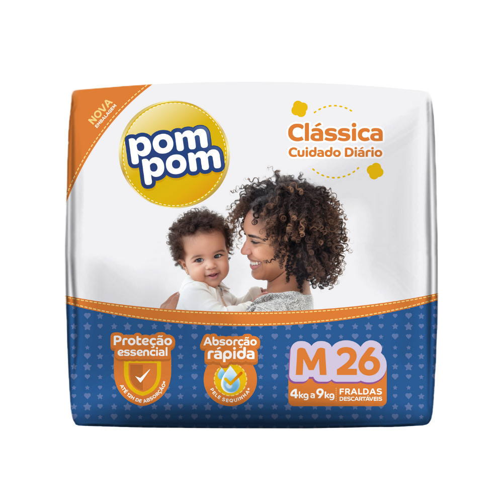Pack 1x Fralda Pompom Clássica Jumbo M com 26un - Barreiras antivazamento