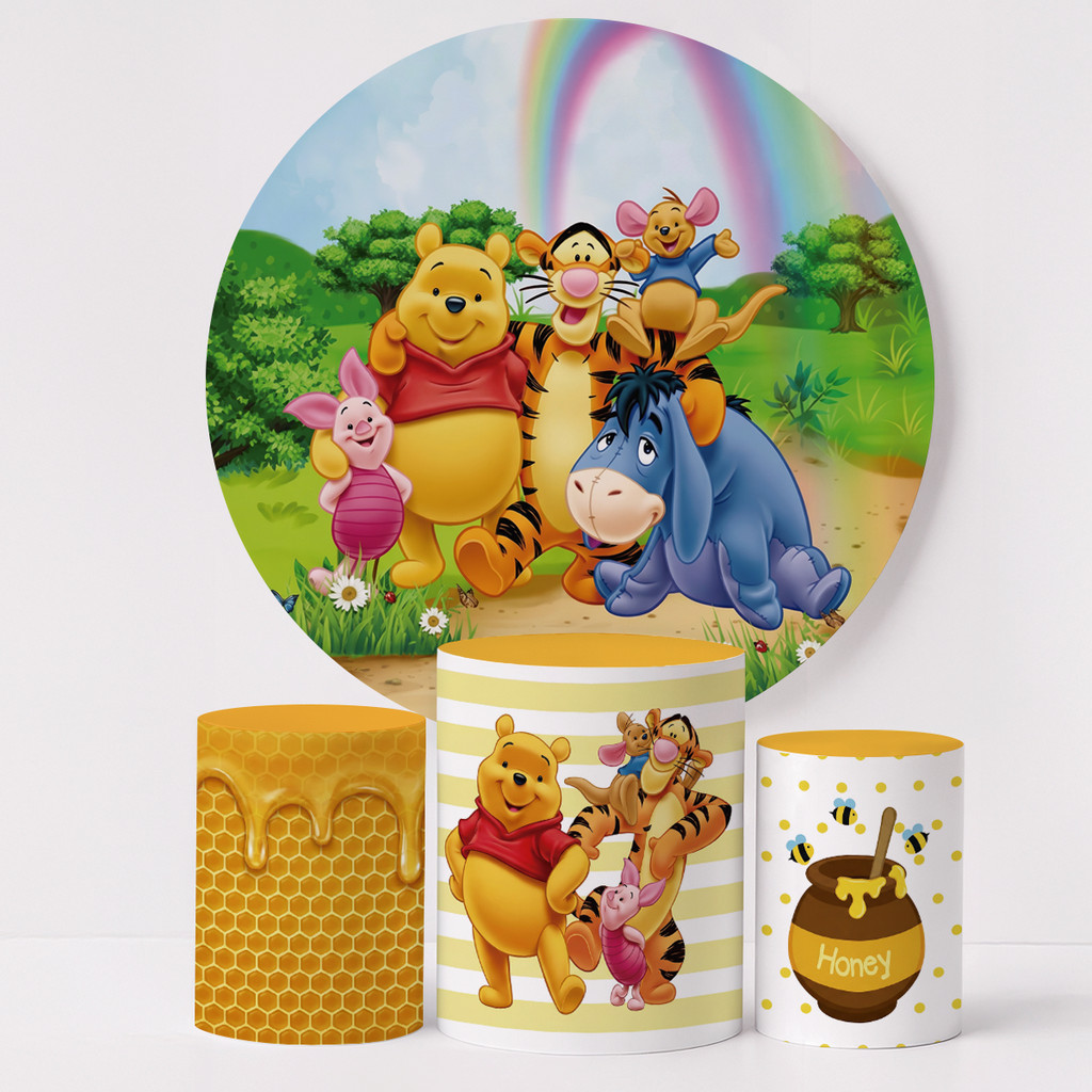 Kit Festa Painel Redondo Tema Ursinho Pooh Sublimado com Trio de Capas de Cilindros Veste Facil
